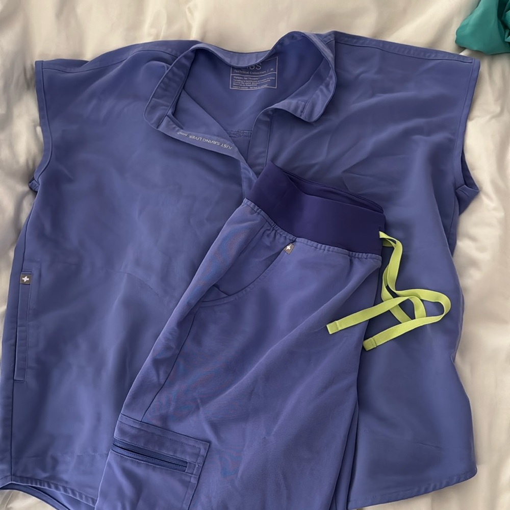 Figs purple Rafaela top and zamora Joggers with Neon Yellow Drawstring